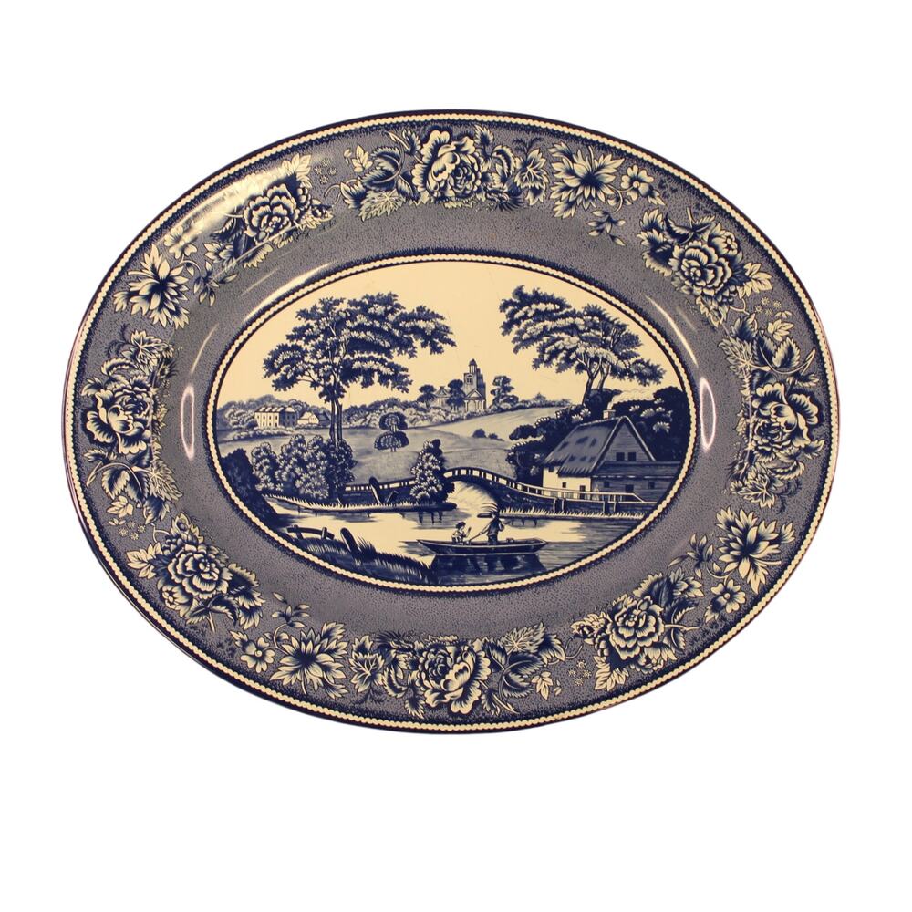 Vintage Daher Decorated Ware Blue Willow Tin Oval Serving Plate Wall Plate 13"